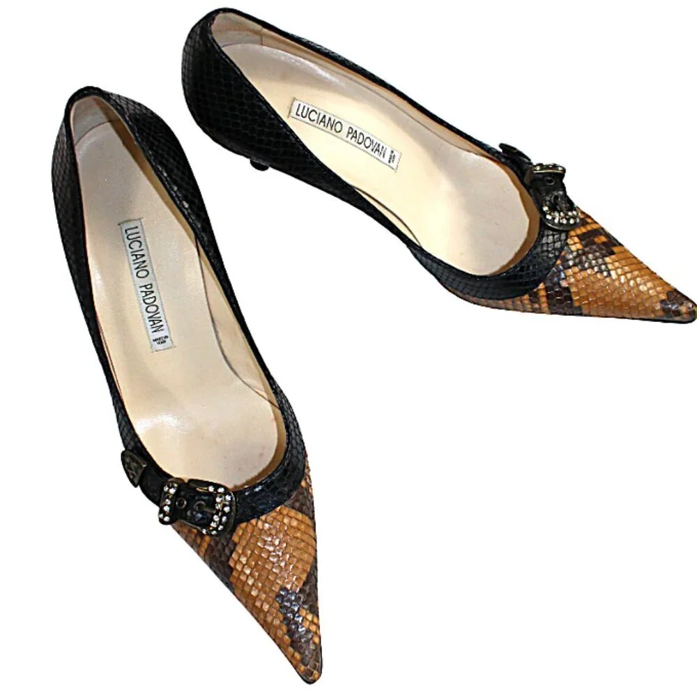 Luciano Padovan Two Tone Black Brown Snakeskin Leather Heel, Size 38 (US 7-7.5)